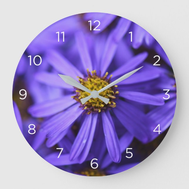 Purple Aster Flowers Numbers Wall Clock (Front)