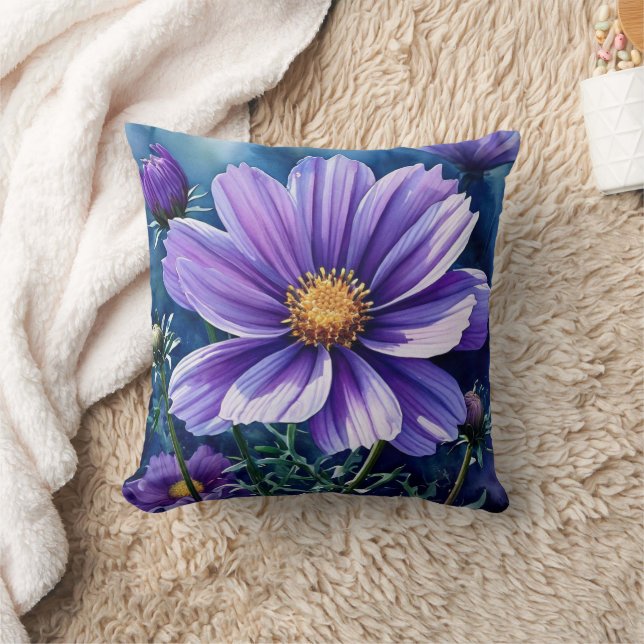 Purple Aster September Birth Flower Watercolor Throw Pillow (Blanket)