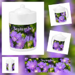 Purple Aster Wildflowers Photographic Floral Teapot<br><div class="desc">This naturally beautiful teapot features the photographic images of purple Stoke's Asters or Stokesia flowers. The Aster is the birth flower of September along with the Morning Glory. The star like Aster flower symbolizes Wisdom, Faith and Valor. Personalize with a Name, Birthday Wish or your own text for a lasting...</div>