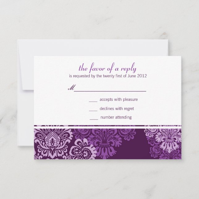 Purple Aubergine Damask Wedding Response Card (Front)