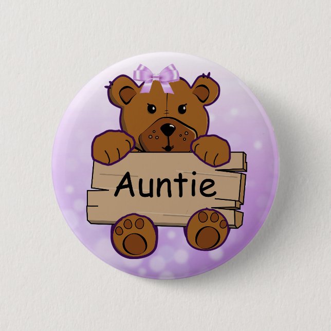 Purple Auntie Teddy Bear Baby Shower Button (Front)
