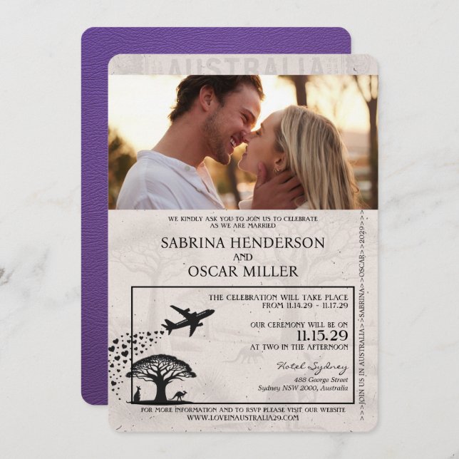 Purple Australia Passport Wedding Invitation (Front/Back)