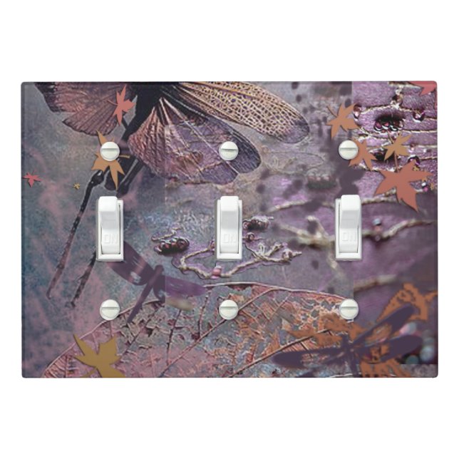 Purple Autumn Dragonfly Triple Switch Light Switch Cover (In Situ)
