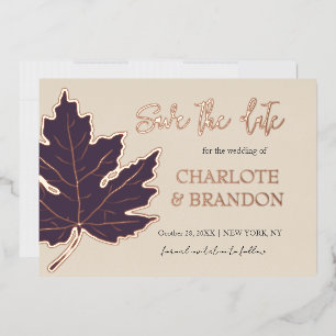 Purple Autumn Maple Leaf Wedding Save The Date Foil Invitation