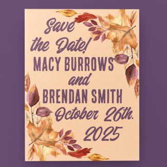 Purple Autumn Watercolor Leaves Save-the-Date