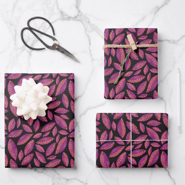 Purple Autumnal Fall Leaves Wrapping Paper Sheets (Front)