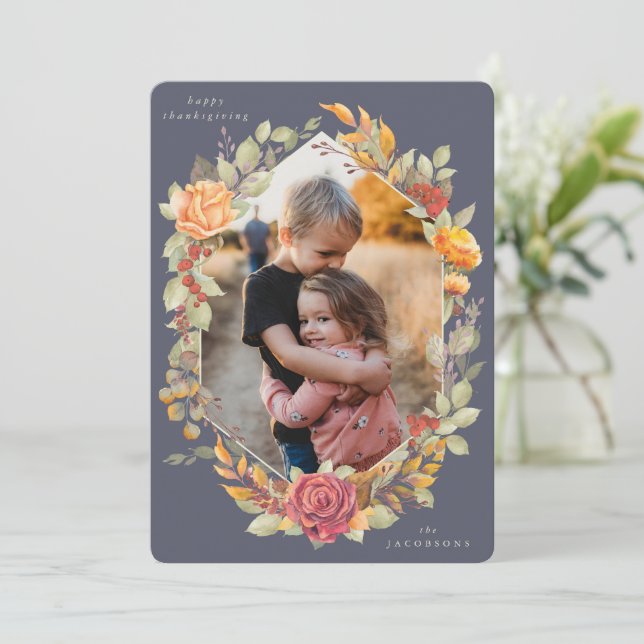 Purple Autumnal Florals Thanksgiving Photo Card (Standing Front)