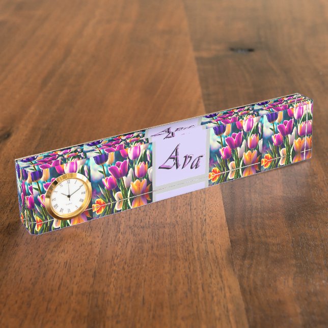 Purple Ava Name With Tulips,  Desk Name Plate (Side)