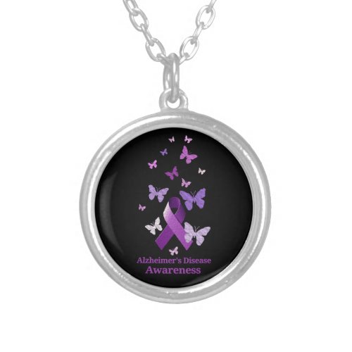 Purple Awareness Ribbon Alzheimers Disease Silver Plated Necklace