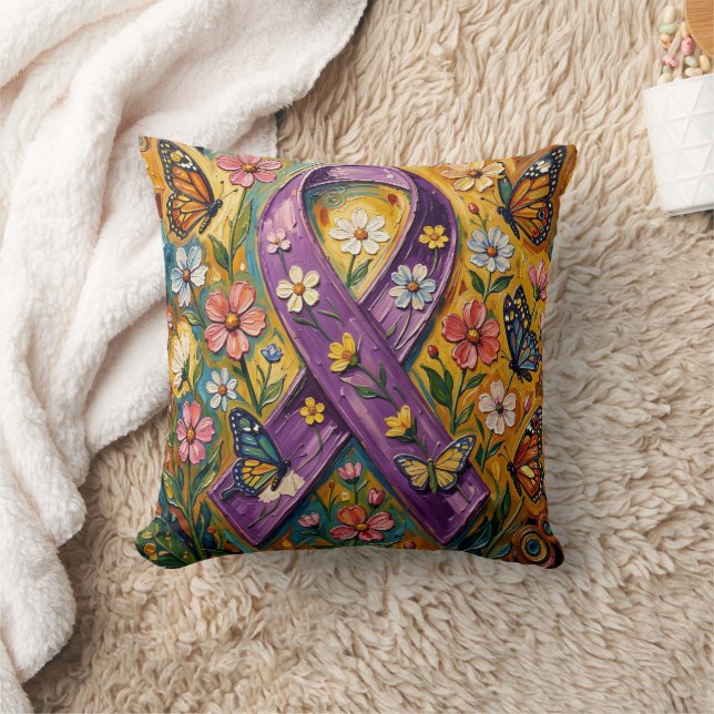 Purple Awareness Ribbon Fibro Throw Pillow (Blanket)