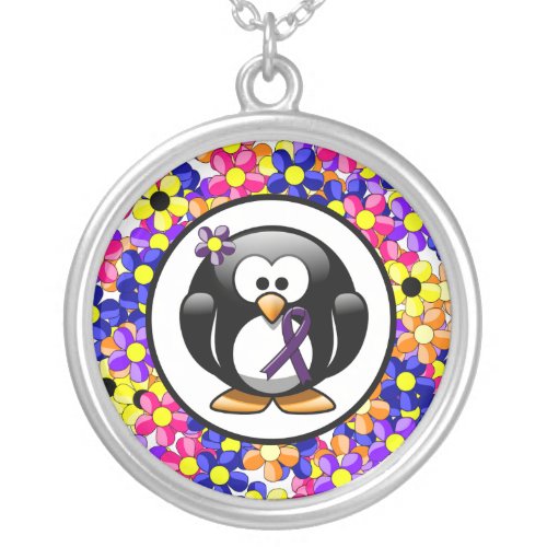 Purple Awareness Ribbon Penguin Silver Plated Necklace