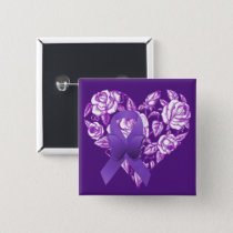 Purple Awareness Ribbon Rose Heart Button