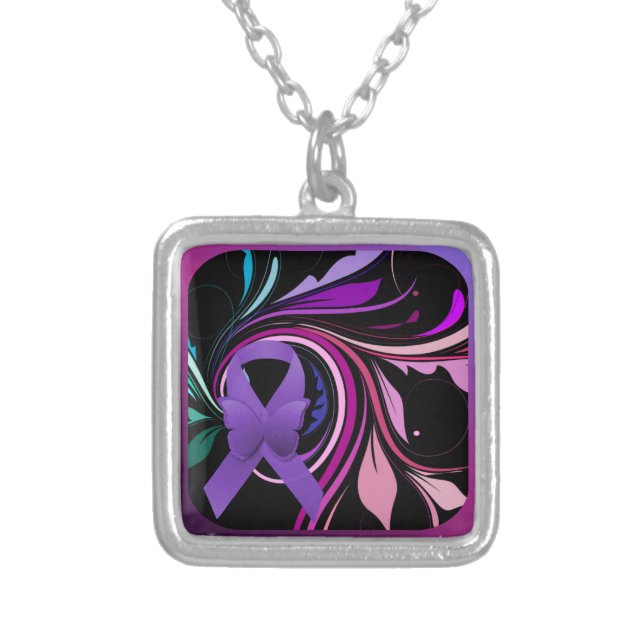 Purple Awareness Ribbon Silver Plated Necklace (Front)