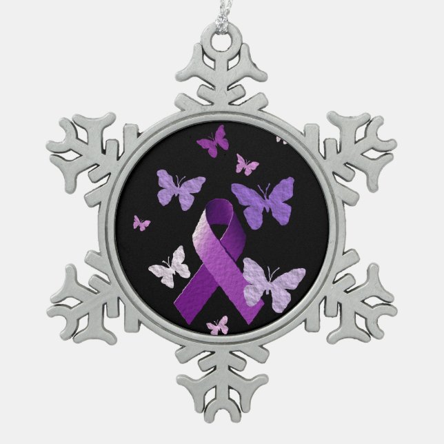 Purple Awareness Ribbon Snowflake Pewter Christmas Ornament (Front)