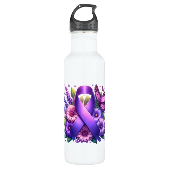Purple Awareness Ribbon Stainless Steel Water Bottle (Front)