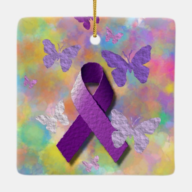 Purple Awareness Ribbon with butterflies Ceramic Ornament (Back)