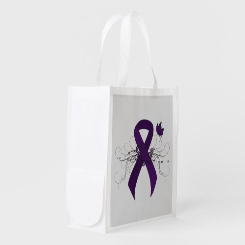 Purple Awareness Ribbon with Butterfly Reusable Grocery Bag