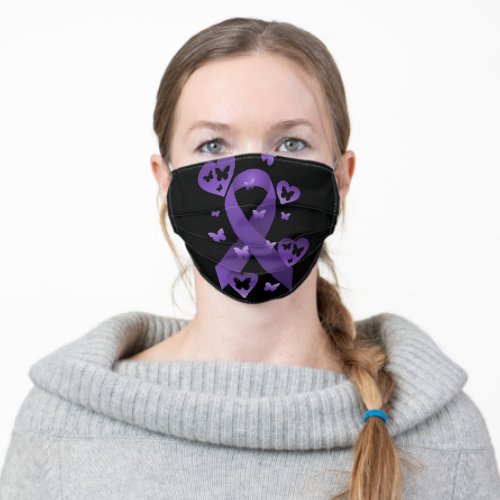 Purple Awareness Ribbon with hearts  Butterflies Adult Cloth Face Mask