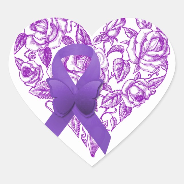 Purple Awareness Ribbon with Roses Heart Sticker (Front)