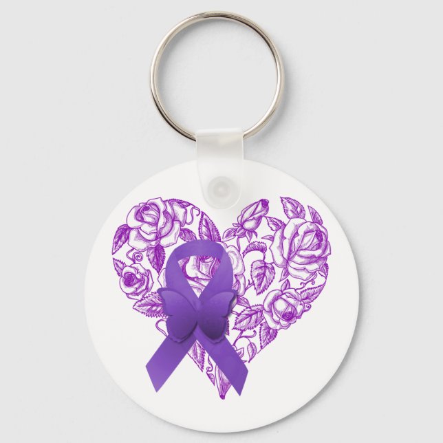 Purple Awareness Ribbon with Roses Keychain (Front)