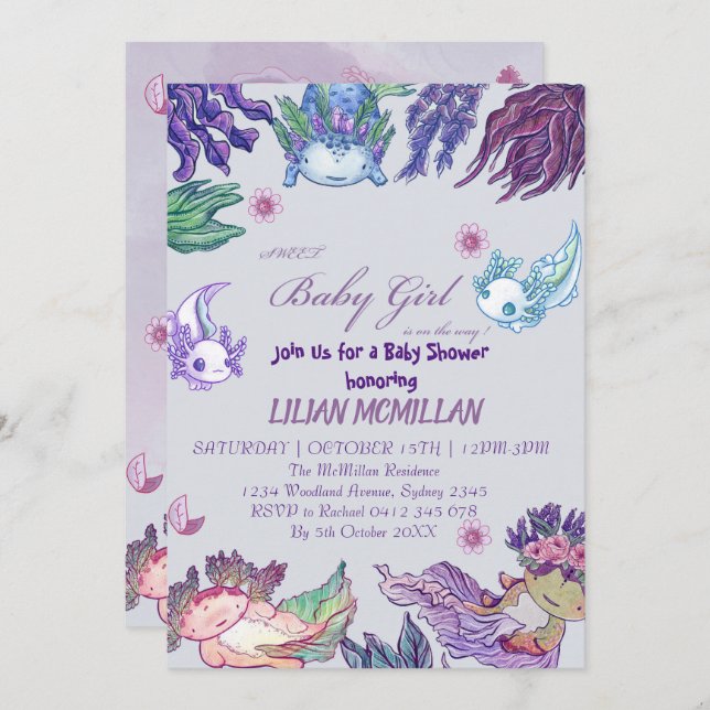 PURPLE AXOLOTL Baby Shower Invitation Girl (Front/Back)