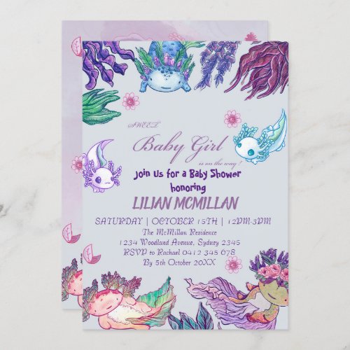 PURPLE AXOLOTL Baby Shower Invitation Girl