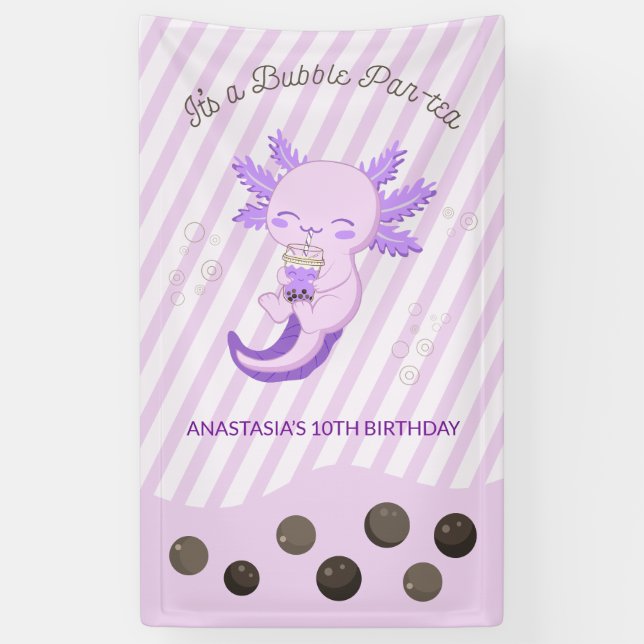 Purple Axolotl Bubble Boba Tea Birthday Party Banner (Vertical)