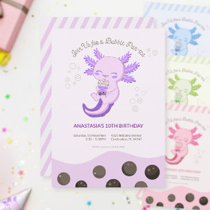 Purple Axolotl Bubble Boba Tea Girl Birthday Invitation