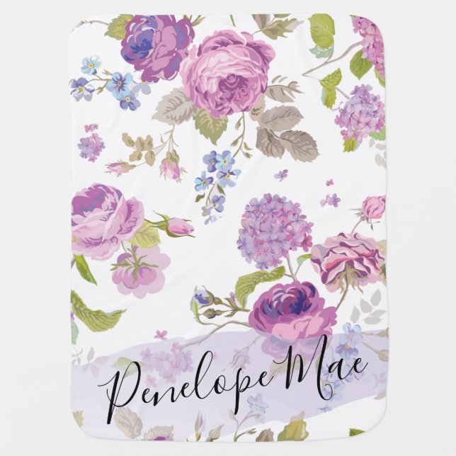 Purple Azalea Baby Name Blanket/ Swaddle Baby Blanket (Front)