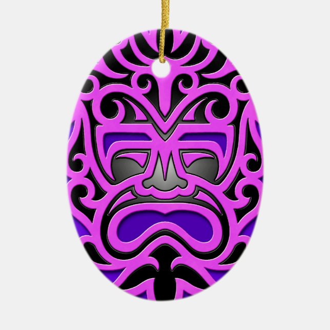 Purple Aztec Mask Ceramic Ornament (Front)