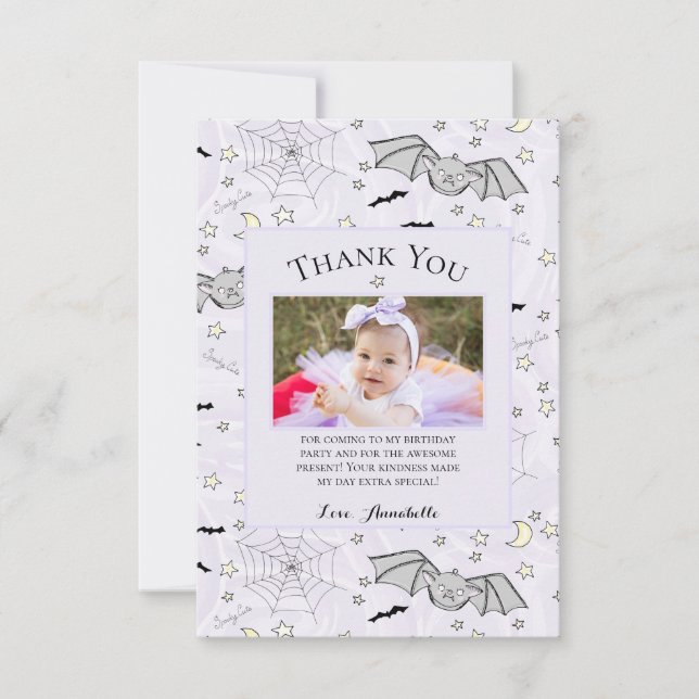 Purple Baby Bat Halloween Thank You Card (Front)