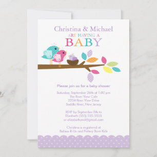 Purple Baby Bird Nest Baby Shower Invitations