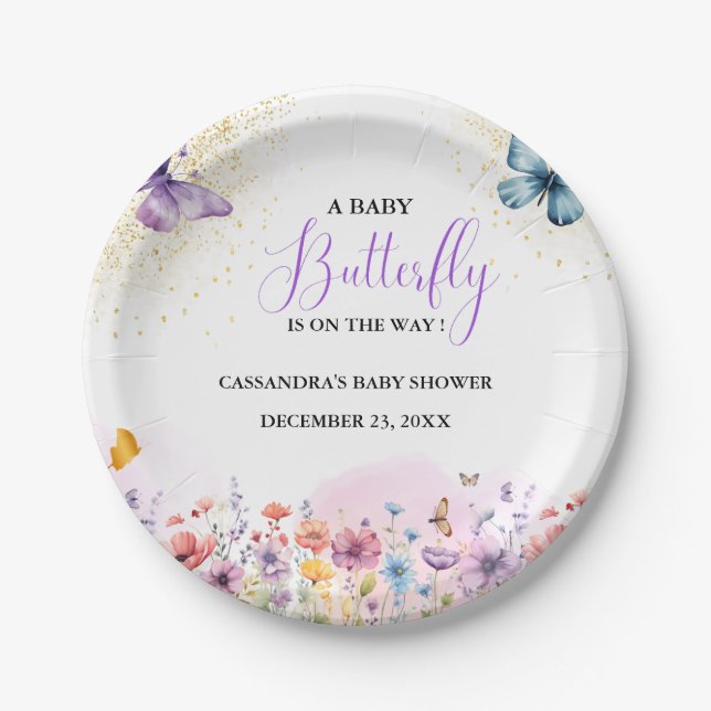 Purple Baby butterfly Baby shower Paper Plates (Front)