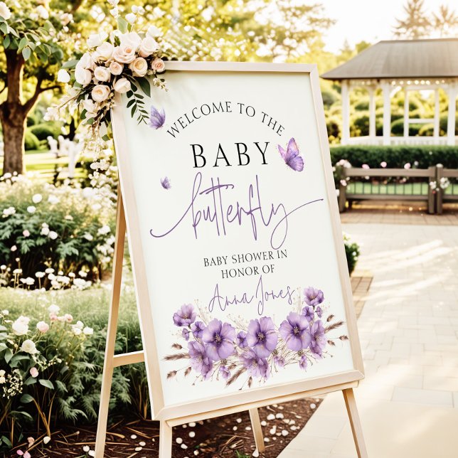 Purple baby butterfly baby shower Welcome sign (Creator Uploaded)