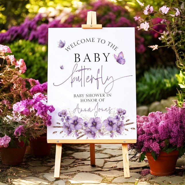 Purple baby butterfly baby shower Welcome sign (Creator Uploaded)