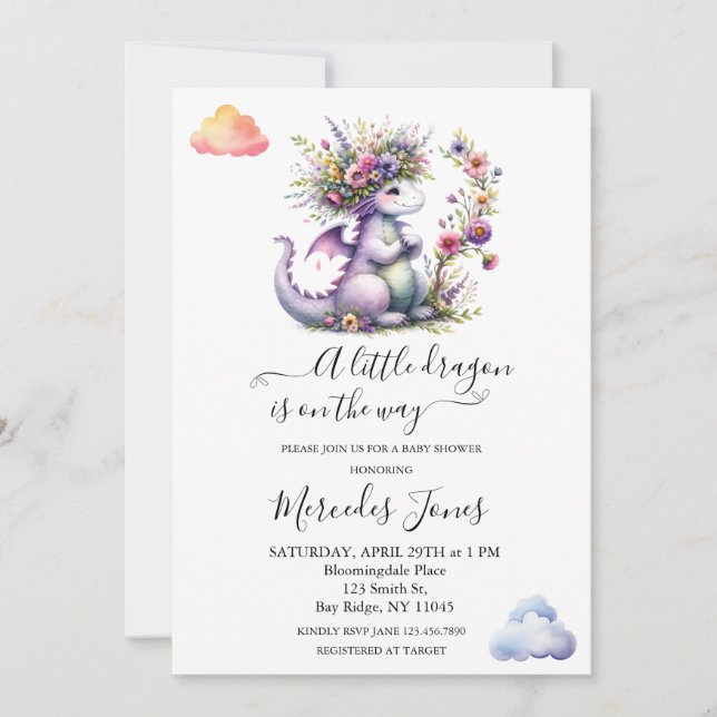 Purple Baby Dragon With Flowers Rainbow Art  Invitation (Front)