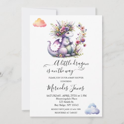 Purple Baby Dragon With Flowers Rainbow Art  Invitation