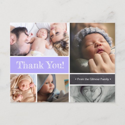 Purple Baby photo collage announcement Thank You Postcard