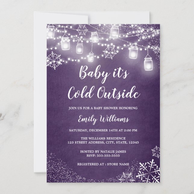 Purple Baby Shower Baby it's Cold Outside Winter Invitation (Front)
