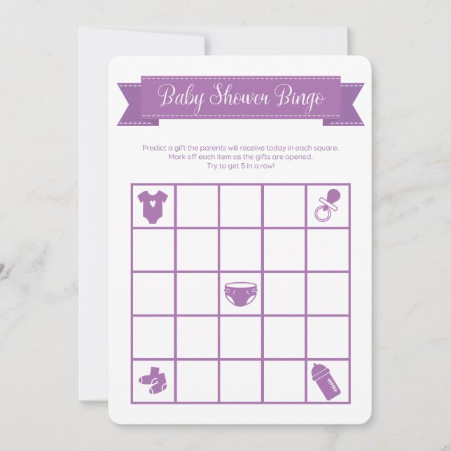 Purple Baby Shower Bingo Game Double Sided Invitation (Front)
