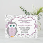 purple baby shower invitation girl woodland owl (Standing Front)