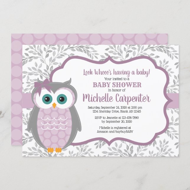 purple baby shower invitation girl woodland owl (Front/Back)