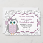 purple baby shower invitation girl woodland owl (Front)