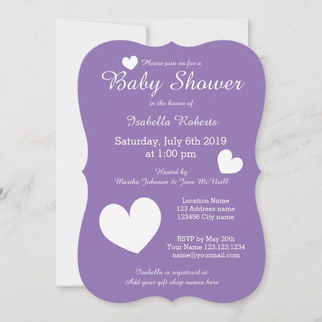 Purple baby shower invitations with cute hearts (Front)