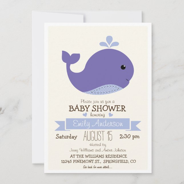 Purple Baby Whale Baby Shower Invitation (Front)