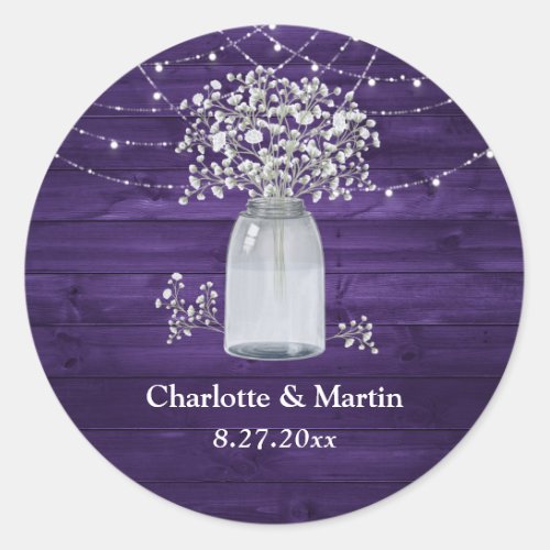 Purple Babys Breath Mason Jar Rustic Wood Wedding Classic Round Sticker