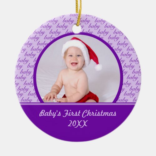 Purple Babys First Christmas Photo Ornament