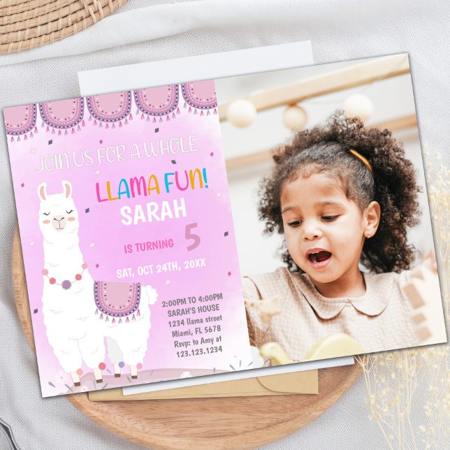 Purple Back Llama Birthday Invitations with Photo (Purple Back Llama Birthday Invitations with photo)