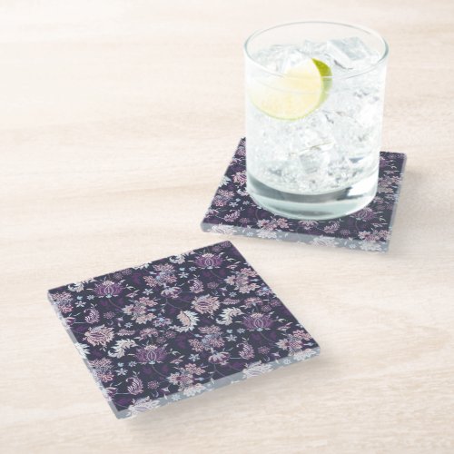 Purple Background Big Floral Seamless Pattern Glass Coaster