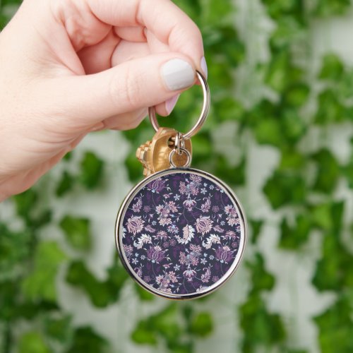 Purple Background Big Floral Seamless Pattern Keychain